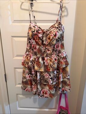Floral Leopard Print Tiered Mini Dress - Pink/Brown